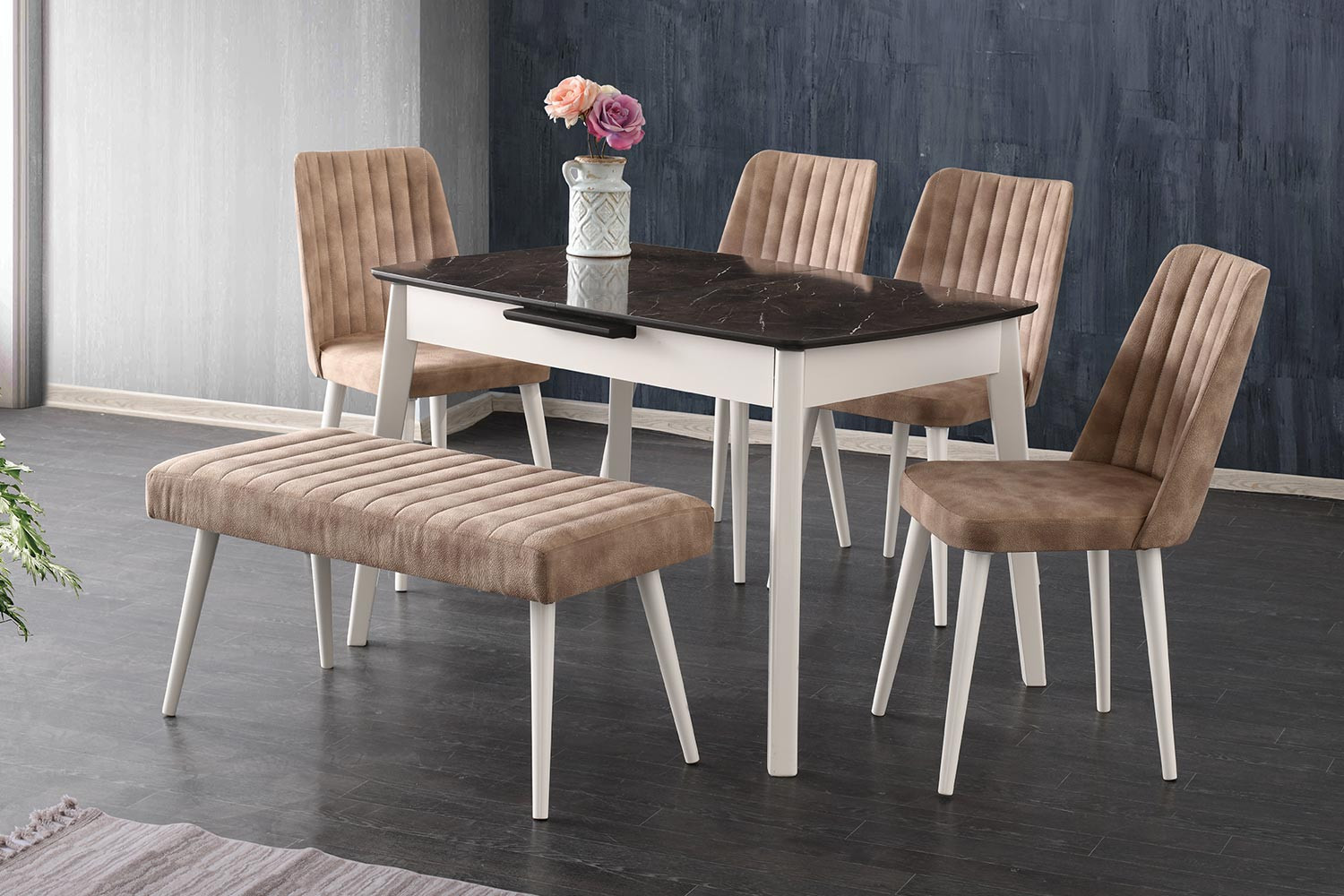 Bambu Büyüyen Mutfak Masası Seti (Beyaz-Mermer)