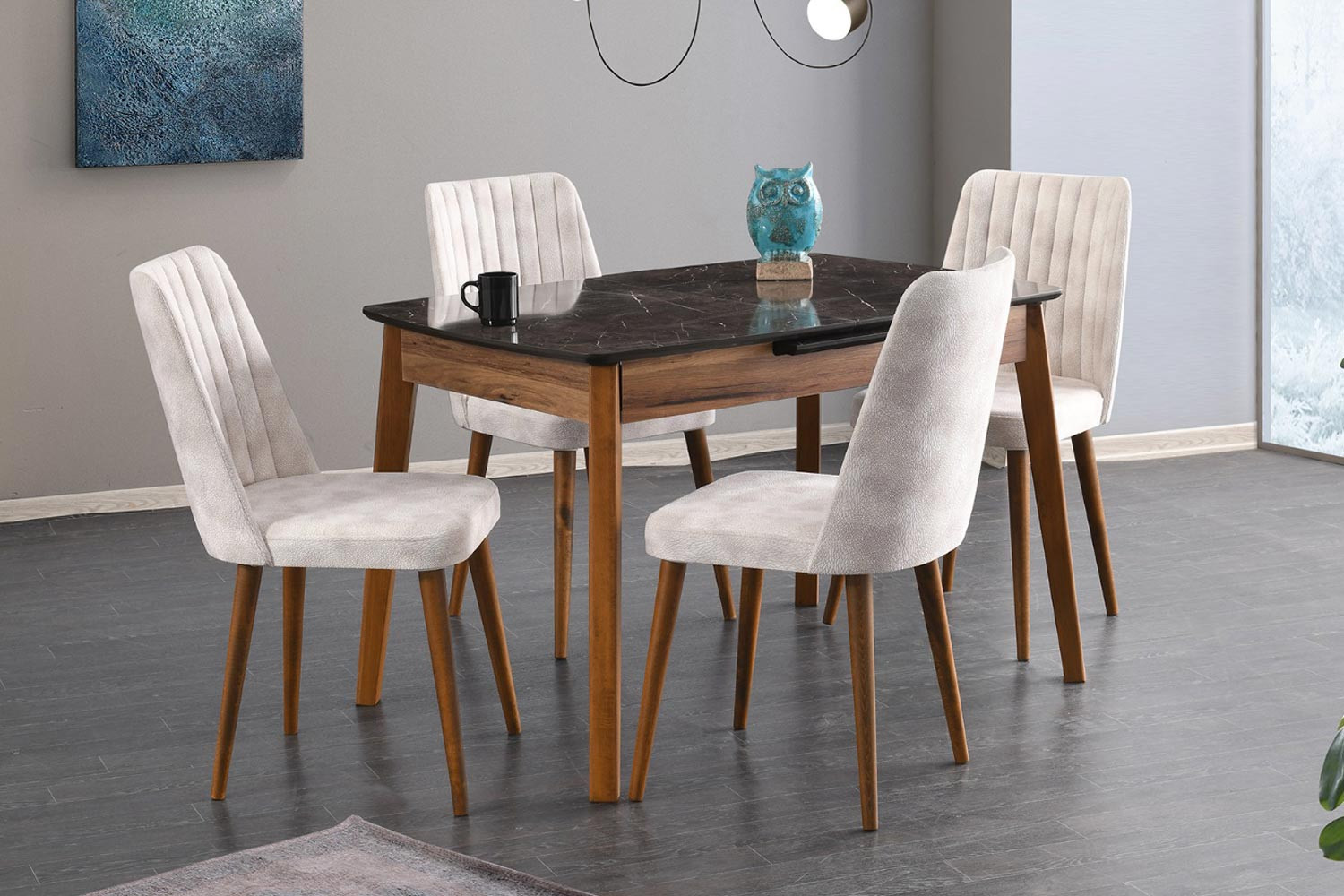 Bambu Büyüyen Mutfak Masası Seti (Ceviz-Mermer)