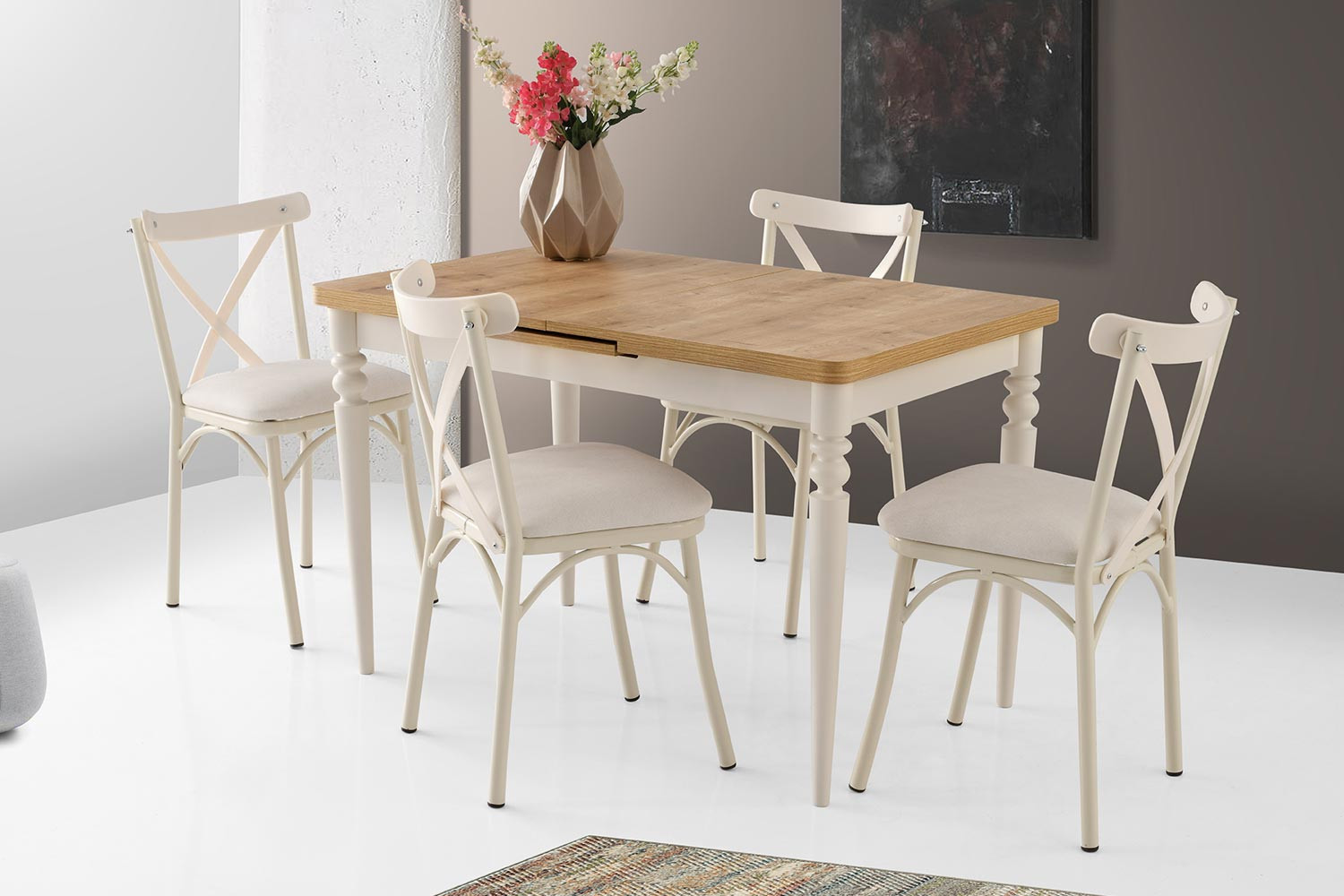 Ege Büyüyen Mutfak Masası Seti (Ekru-Meşe)
