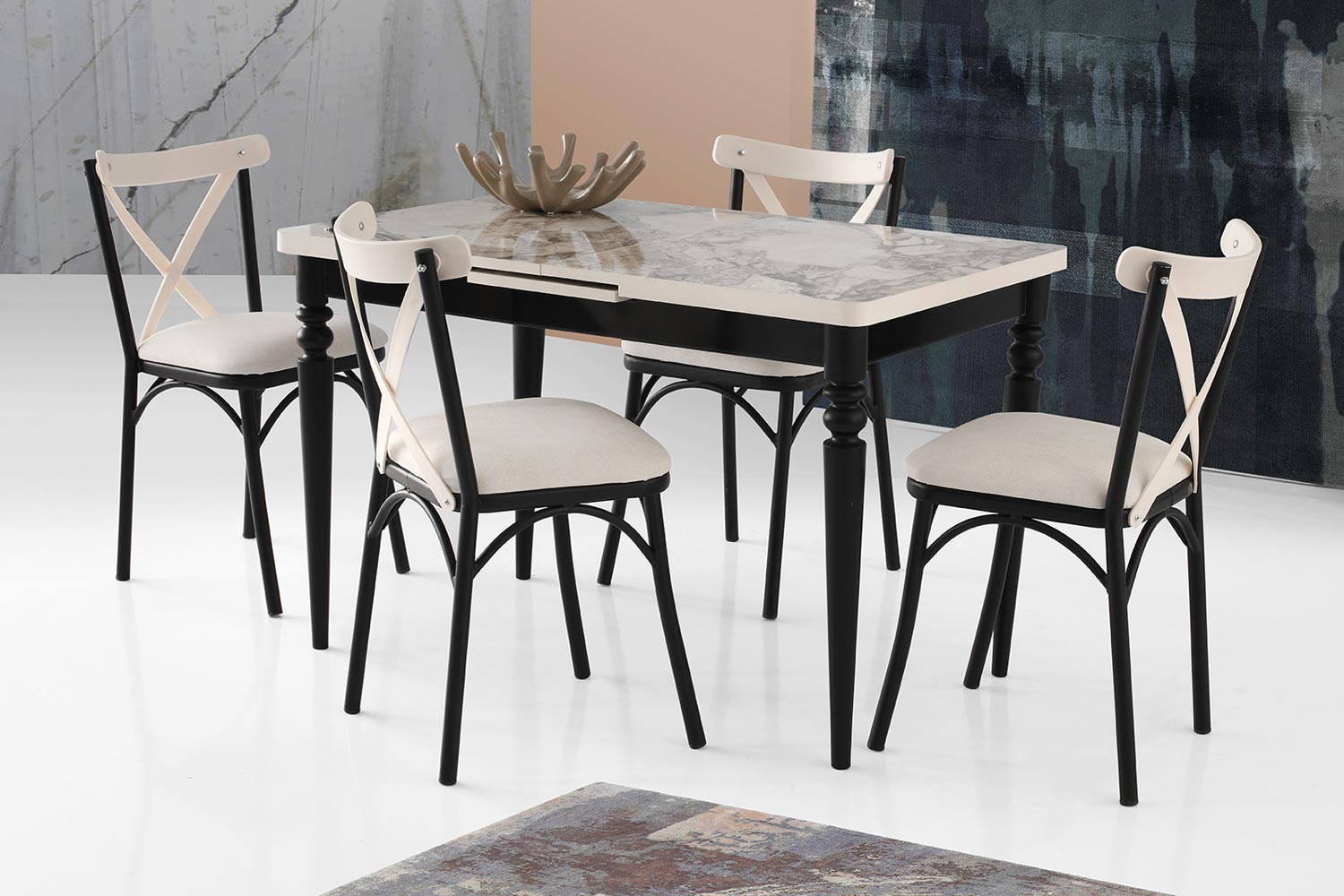 Ege Büyüyen Mutfak Masası Seti (Siyah-Ekru Mermer)