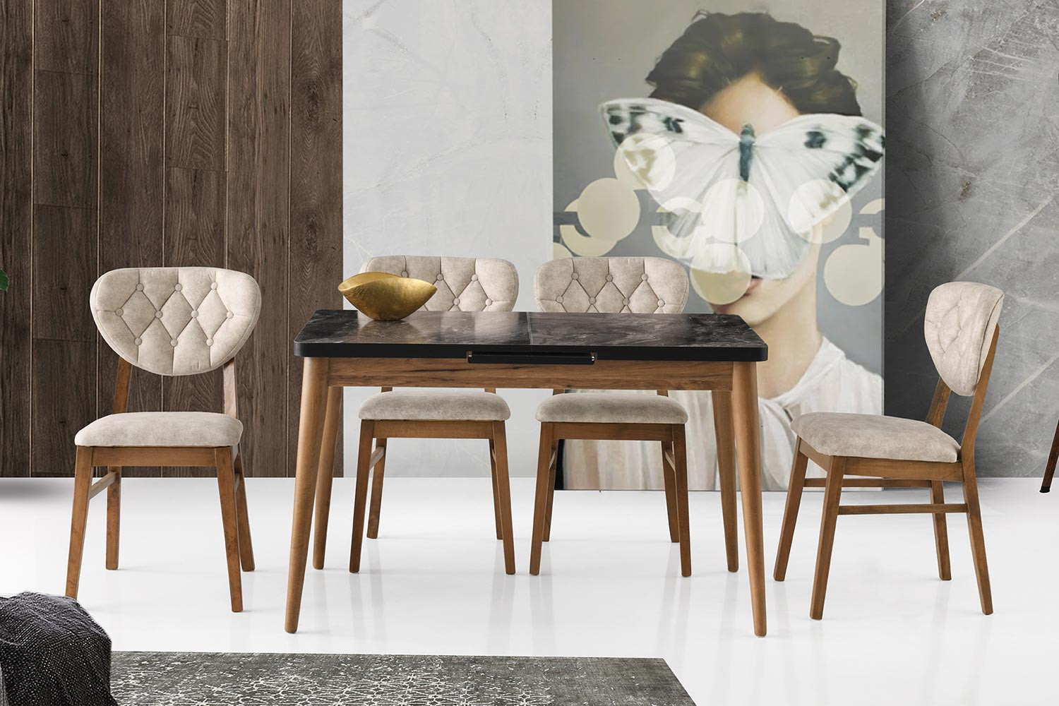 Kayra Büyüyen Mutfak Masası Seti (Ceviz-Siyah-Mermer)