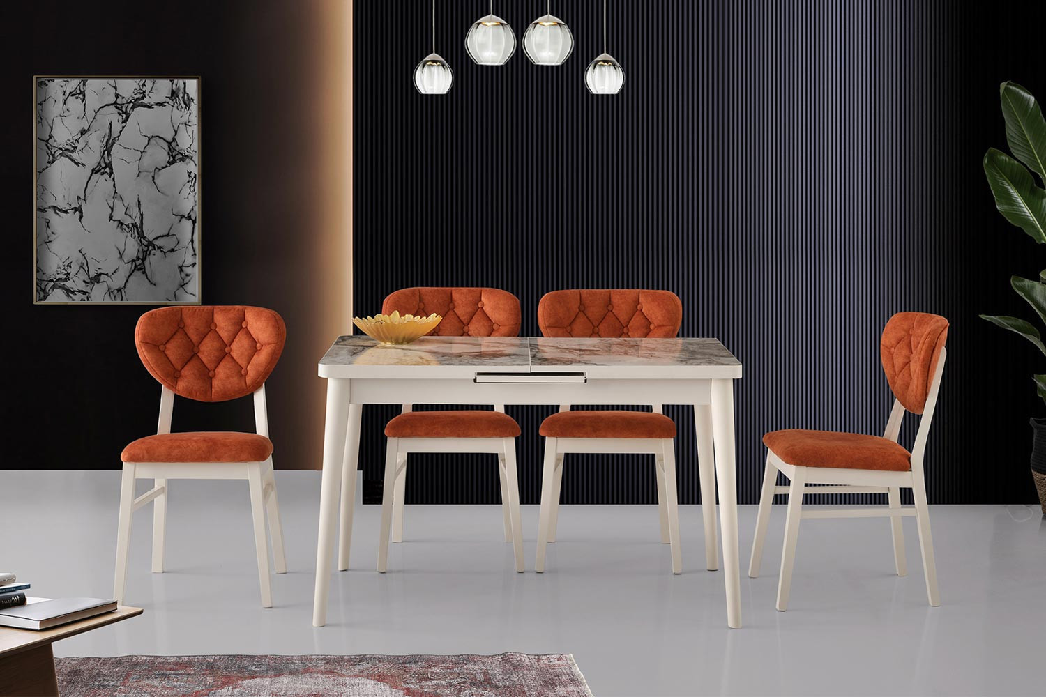 Kayra Büyüyen Mutfak Masası Seti (Ekru-Ekru-Mermer)