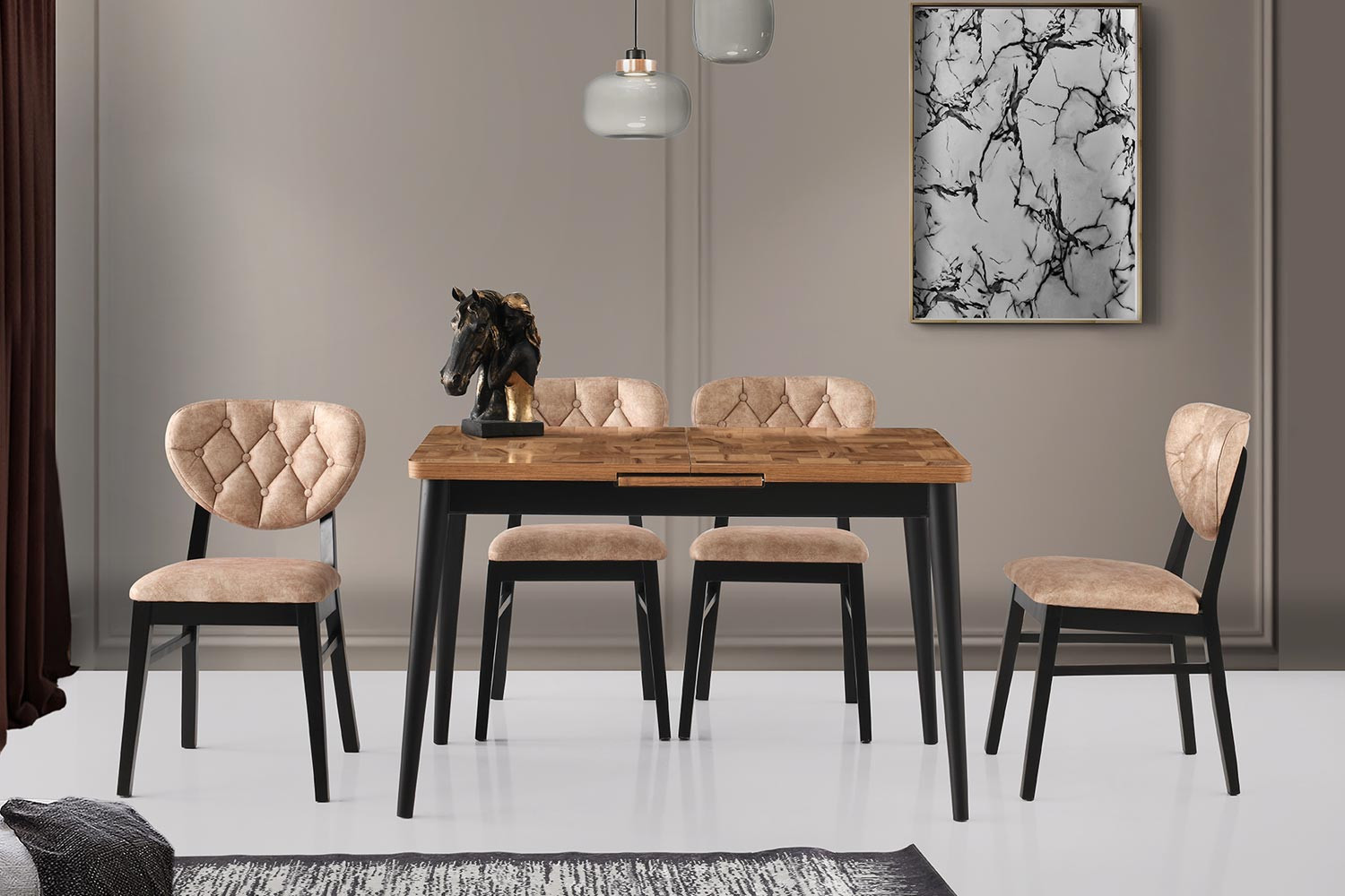 Kayra Büyüyen Mutfak Masası Seti (Siyah-Ceviz-Parke)