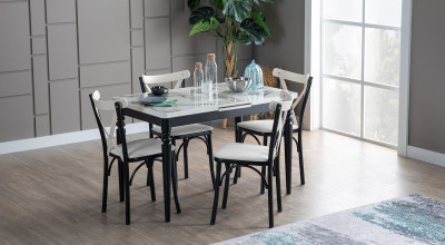 Ege Büyüyen Mutfak Masası Seti (Siyah-Ekru Mermer)