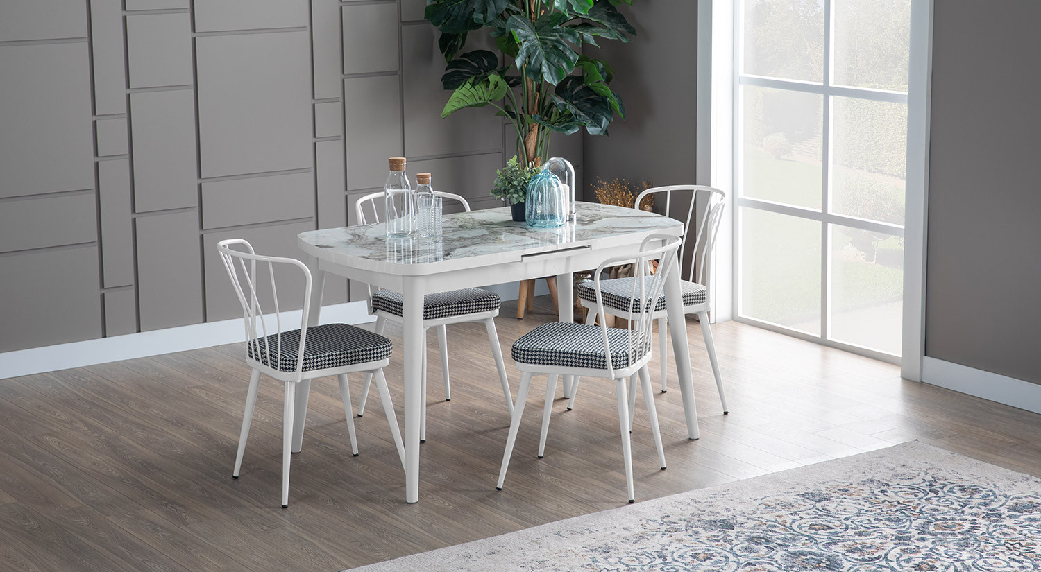 Gupba Büyüyen Mutfak Masası Seti (Ekru-Ekru Mermer)