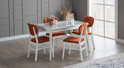 Kayra Büyüyen Mutfak Masası Seti (Ekru-Ekru-Mermer)