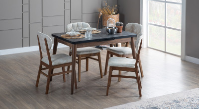 Kayra Büyüyen Mutfak Masası Seti (Ceviz-Siyah-Mermer)